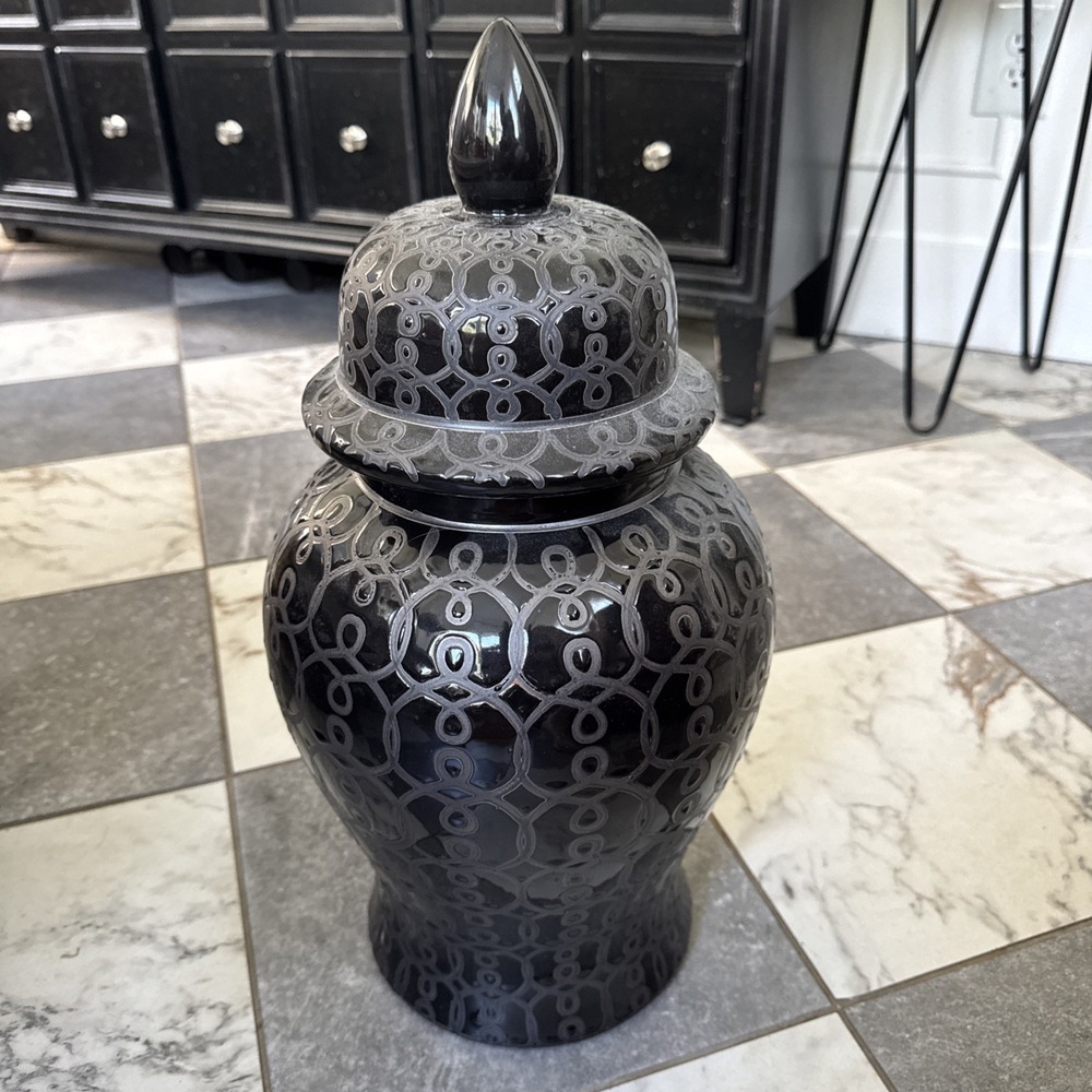 Handmade Black Ceramic Ginger Jar with Motifs/Designs - 19.5"